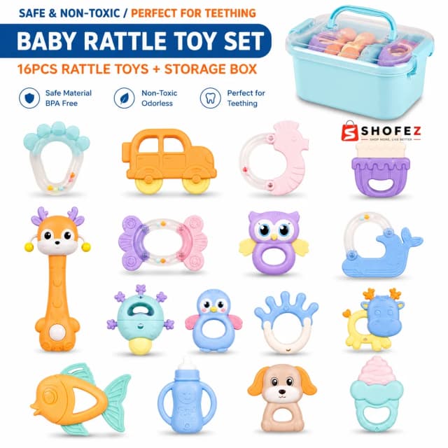 BPA-Free Baby Teething Rattle Toy Set 16pcs with Storage Box